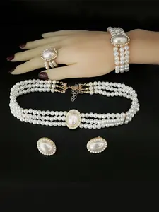 Pearl Jewelry Set Necklace Bracelet Earrings Ring Five-Piece, Elegant Pearl Accessories for Women, Perfect Gift for Any Occasion