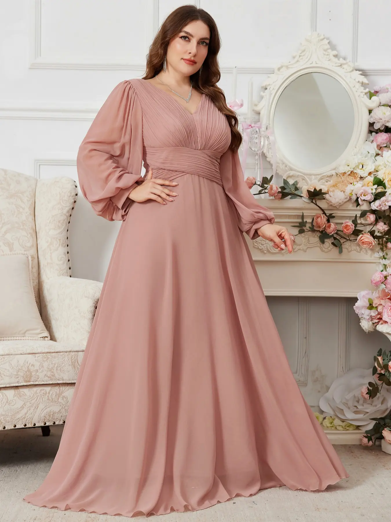 Elegant Chic V Neck Pleated Lantern Long Sleeve Waist Cinched Fitted Maxi A-Line Chiffon Bridesmaid Dress, Pure Color Flared Gown for Special Occasions, Formal Elegant Dress