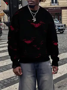 Men's Street Style V-Neck Sweater, Casual Loose-Fit Long Sleeve Knitted Top, Knitwear, Hole Design, Spring & Fall Fashion, Plain