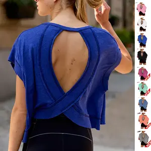 YeeZaa Oversized Open Back Workout Top for Women 2026 Spring Summer Loose Fit Athletic Crop Tee Short Sleeve Backless Yoga Shirt Slouchy Running Gym Tee Casual Y2K T Shirt Cutout Cutout summerwins