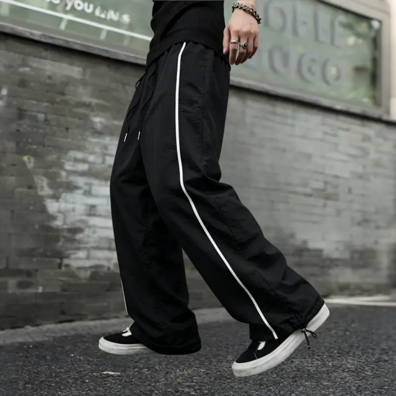 American Style Wide Leg Parachute Pants with White Side Stripes Quick Drying Breathable Design Drawstring Cuffs Unisex Loose Fit for Streetwear Dance Skateboarding Casual Workwear Menswear Stylish Trouser Plain
