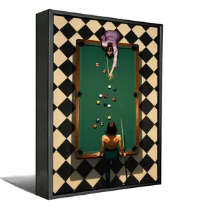 Vintage Billiards Pool Table Canvas Wall Art, Mid-Century Modern Checkerboard Floor Retro Poster, Elegant Women Playing Pool Art Print, Game Room Billiard Lounge Bar Decor, Framed Unframed Multiple Sizes