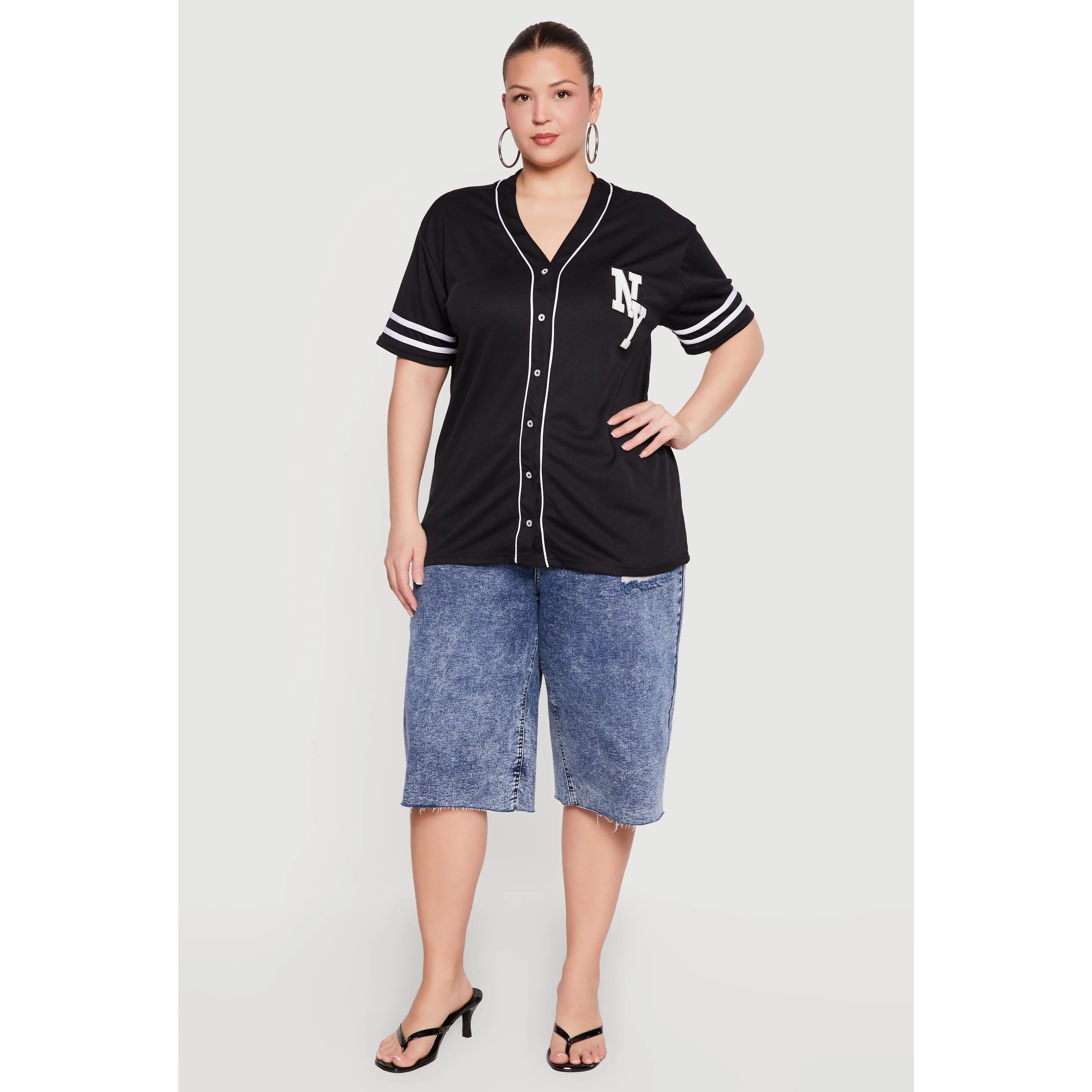 Plus Size Chenille NY Patch Graphic Varsity Stripe Baseball Jersey