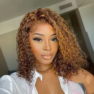 Curly Bob Wig Human Hair Curly Wave 13x4 Hd Lace Front Wigs For Women 4/27 Highlight Ombre Short Wigs Pre Plucked Honey Blonde Wig