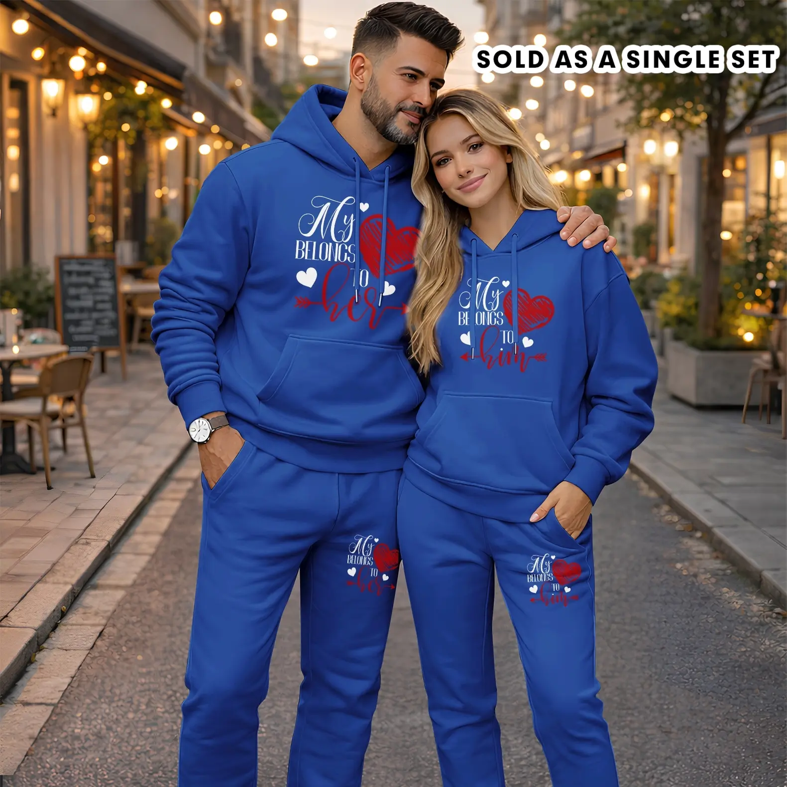 Men's 2-Piece Minimalist Heart & Letter Print Loose Fit Tracksuit - Long Sleeve Polyester Hooded Hoodie & Drawstring Bottoms, Casual Athletic Autumn-Winter Everyday Sportswear, Machine Washable (Sold as Single Set)