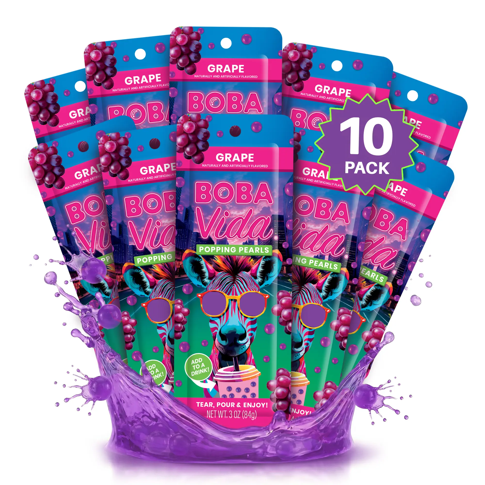 Grape Popping Boba (10 pouches) | Bursting Fruit Juice boba Pearls for Beverage Drinks & Desserts | Vegan, Gluten-Free | Tapioca pearls alternative, Includes Straws