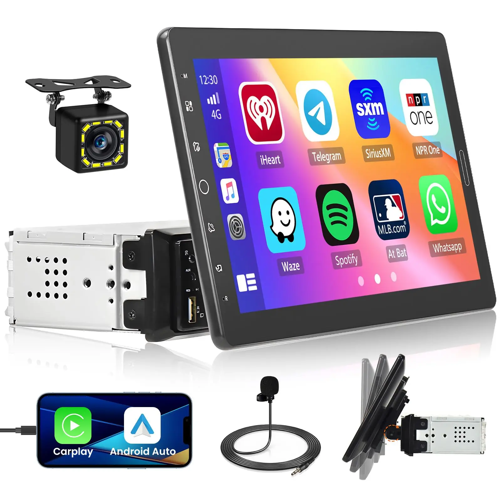 Springtok 10.1" Single Din Car Stereo with Rotatable Detachable Carplay Screen - Wired Connectivity, Android Auto, Mirror Link, 1080P Display, EQ Audio, SWC, Bluetooth, Backup Camera, MIC, Hands-Free Calls, Car Stuff, Father's Day Gift, Music, Car Accesso