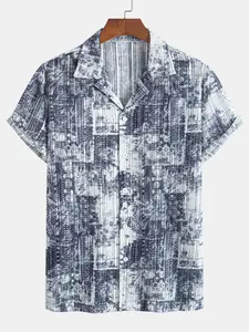 Men's Geometric Print Cuban Collar Short Sleeve Shirt, Casual Printed Fitted Shirt Best Fit Design, Casual Fashion Top, Casual Summer Tops, Perfect for Daily Wear and Outdoor Activities