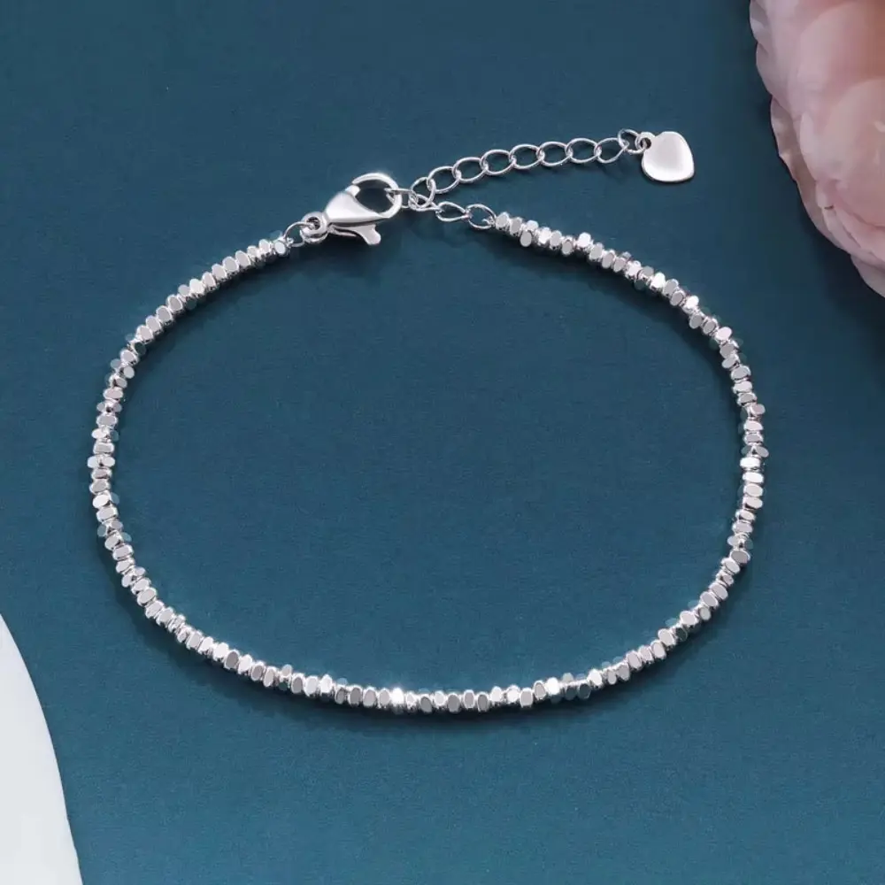 925 Sterling Silver Minimalist Thin Sports Wristband - Dainty Bead Chain Bracelet with Crushed Silver Beads, Sparkling Irregular Design, Unisex Daily Sports & Outdoor Accessory Jewelry, Exquisite Bracelet, Pretty Bracelet