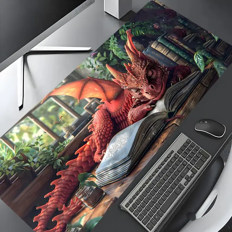 Dragon & Book Pattern Mouse Pad, Rectangle Gaming Mouse Pad, Office Desk Keyboard Mat for Home Office Desk, Aesthetic Desk Accessories, Gaming Desk Accessory, Computer Desk Accessories