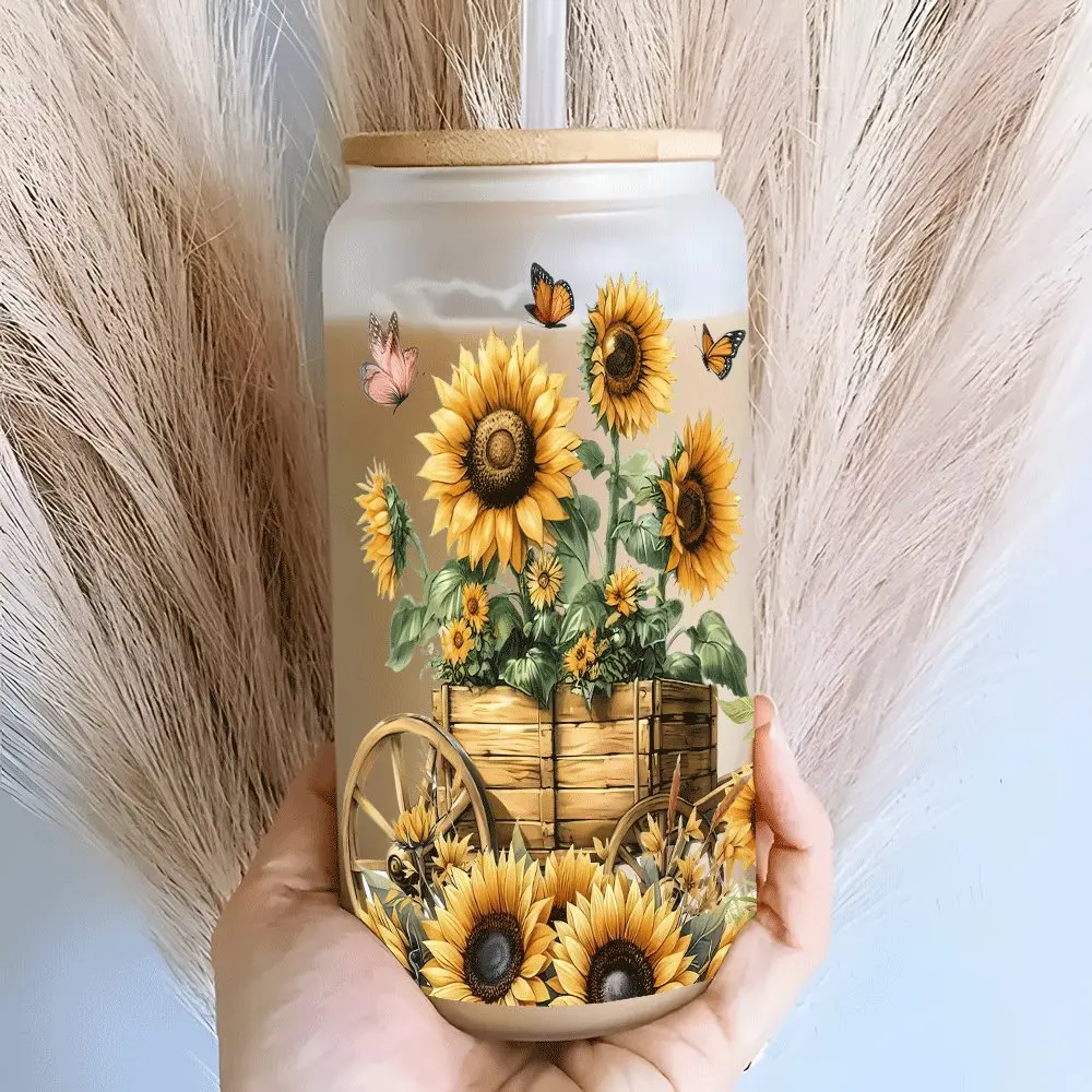 1 Count Sunflower Design 16oz covered straw glass drinking cup, Cup With Lid And Straw, Floral Tumbler, glass jar design, suitable for iced coffee, cold drink glass cups, Perfect gift for coffee lover