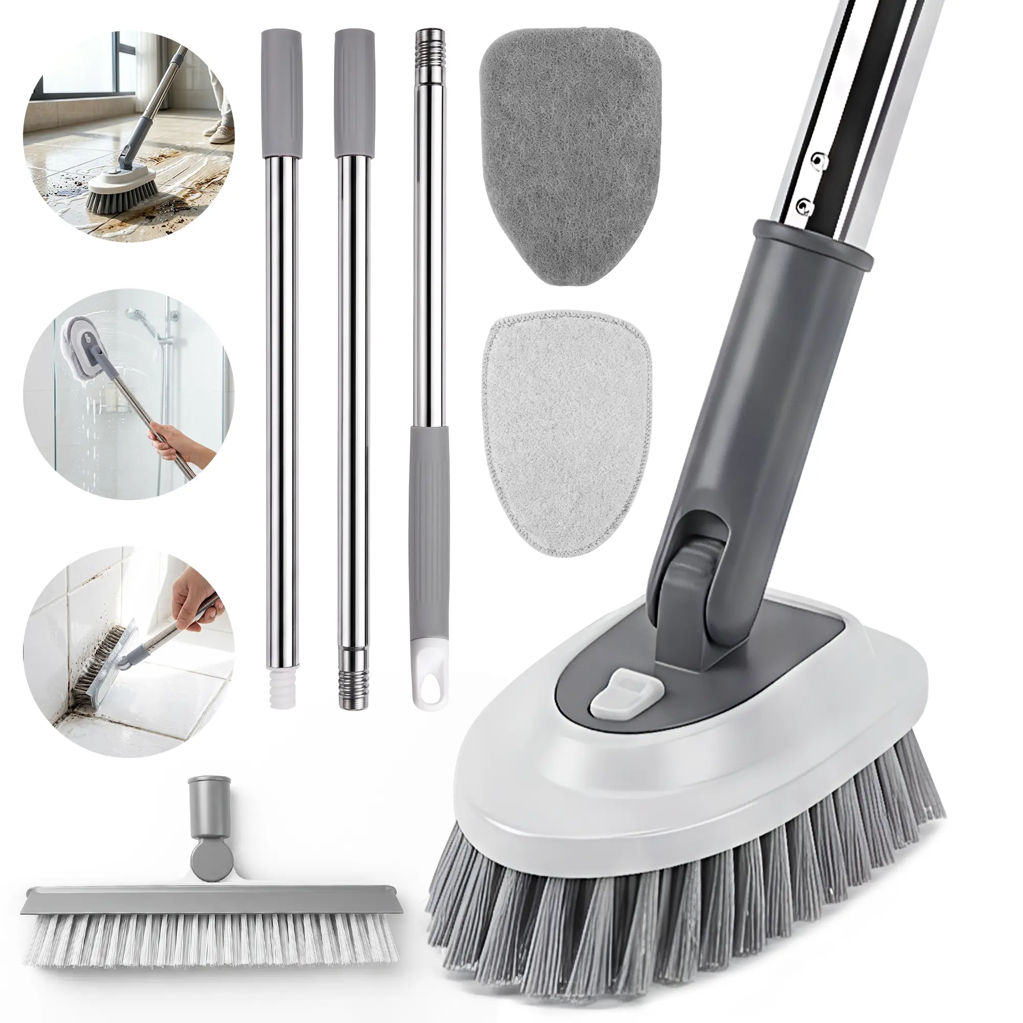 5-in-1 Floor Scrubber with Adjustable Handle, Tile Tub Shower Cleaning Brush with V-Shaped Grout Brush & 4 Replaceable Heads