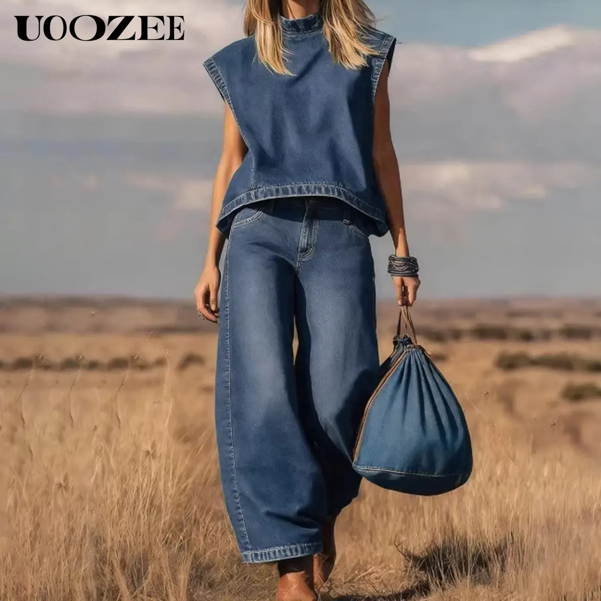 UOOZEE Women's 2-Piece Set, Comfy Minimalist Vintage Outfit in Washed Denim, Sleeveless Mock Neck Crop Top and High-Waist Wide-Leg Pants, Style, Two Piece Sets