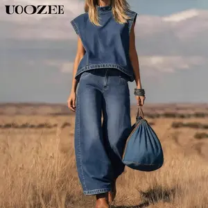 UOOZEE Lady's Vintage 2-Piece Polyester Woven Outfit Set - Sleeveless Mock Neck Cropped Tank Top, Loose Wide-Leg Pockets Pants, Comfortable Style for Spring Summer Casual/Work Wear