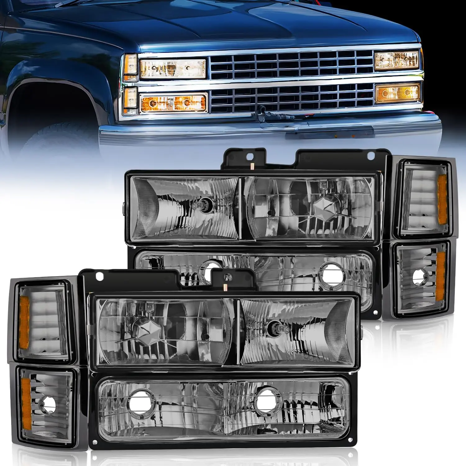 Nilight Headlight Assembly for 1994 1995 1996 1997 1998 Chevy Silverado Tahoe Suburban C10 C/K 1500 2500 3500 Replacement Headlamp Chrome Housing Amber Reflector Smkoe Lens Bumper Corner Lamp switchback leds v8 raptor driver side Truck, Car Headlights