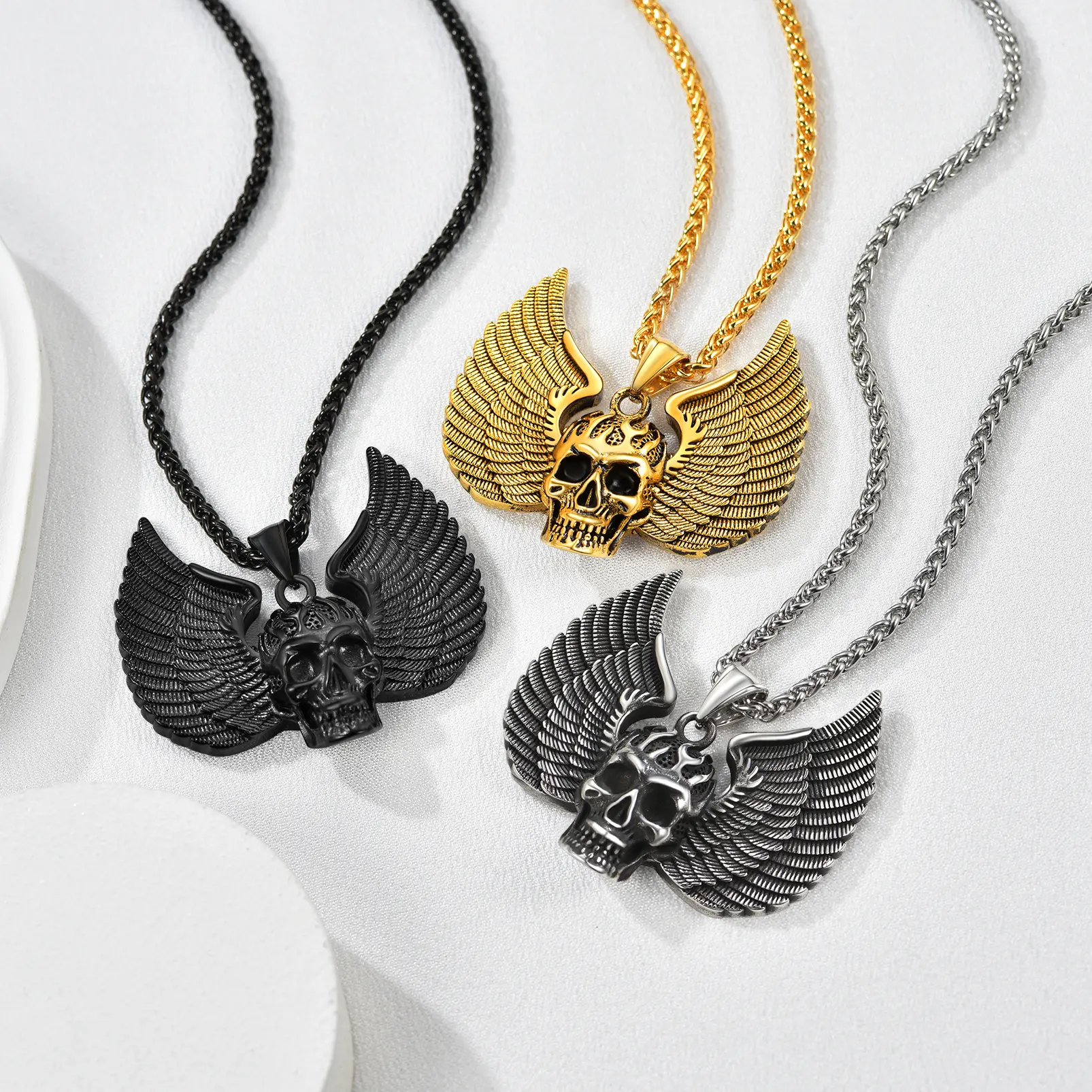 PROSTEEL Skull Wings Pendant Necklace Stainless Steel Skeleton Gothic Chain Necklaces Jewelry Unisex For Men Women with Gift Box