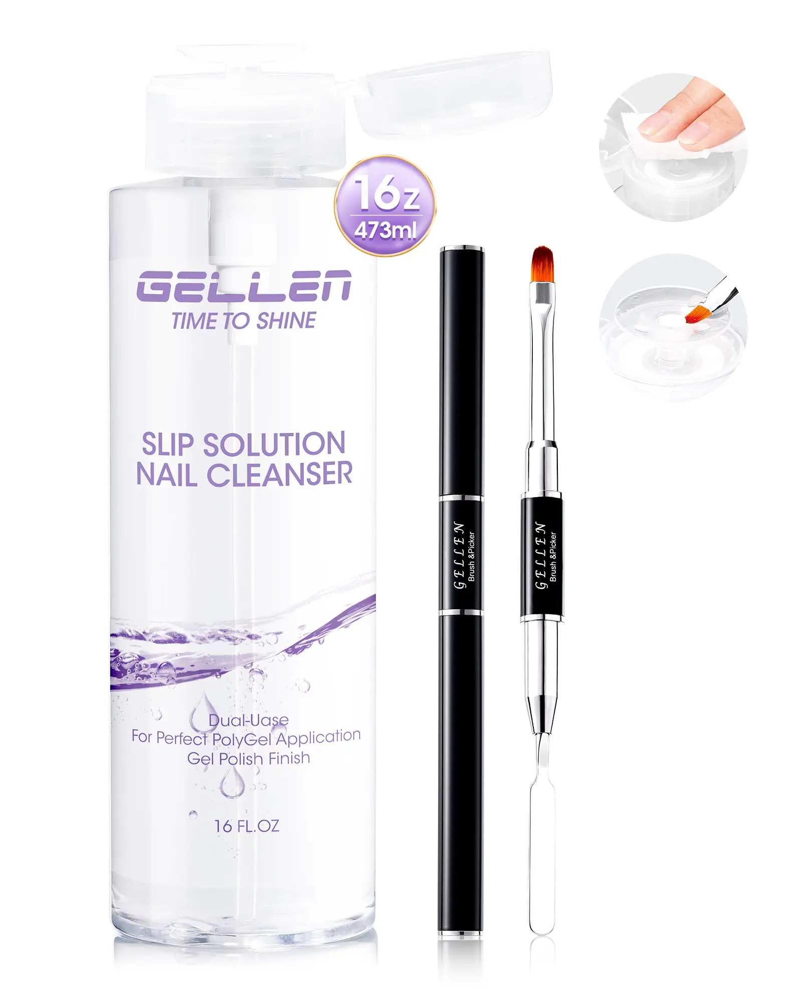 Gellen 473ml/16oz Slip Solution for Polygel Nails with Nail Brush, Pump Bottle Design Polygel Solution, Anti-stick Liquid for Poly Extension Gel & Nail Cleanser in a Bottle, Home Salon Cleaning Liquid Manicure Polish Blend Daily
