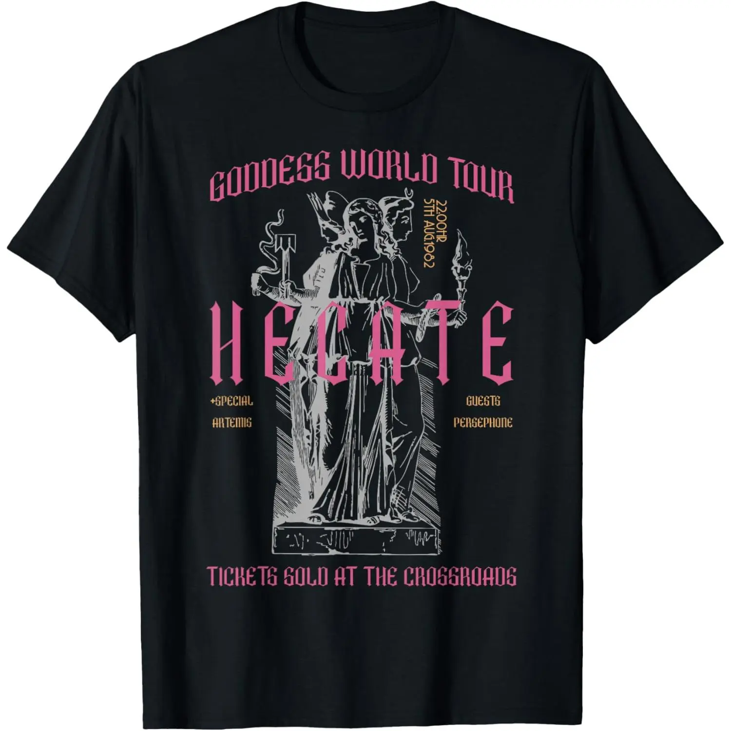 Women's Vintage Graphic T-Shirt, Distressed Hecate Goddess World Tour Print, Casual 100% Cotton Short Sleeve Top for Mythology Fans