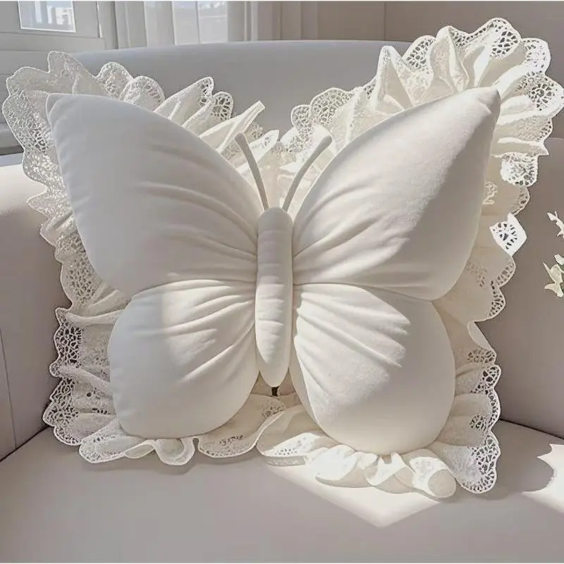 French Dream Butterfly Cuddly Pillow, Soft Healing Home Decor, Cream Lace Butterfly Cushion, Bring Warmth to Your Hug, 1pc