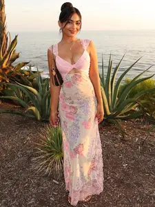 Women's Floral Print Dress, Summer Clothes Women, Elegant Fashion Casual Backless Long Dress for Daily Outdoor Wear, Women Dress for Summer, Floral Pattern Dress