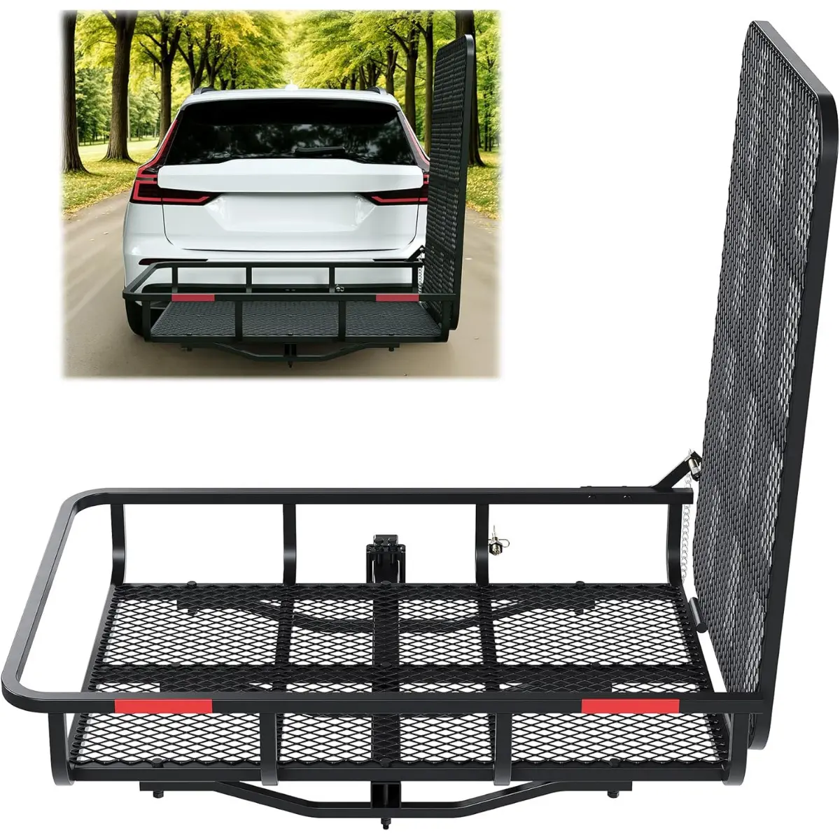 Hitch Mount Wheelchair Carrier with Mobility Ramp for Wheelchair Scooter Lawn Mower Snow Blower Hauler 500lb Capacity Basket-Style