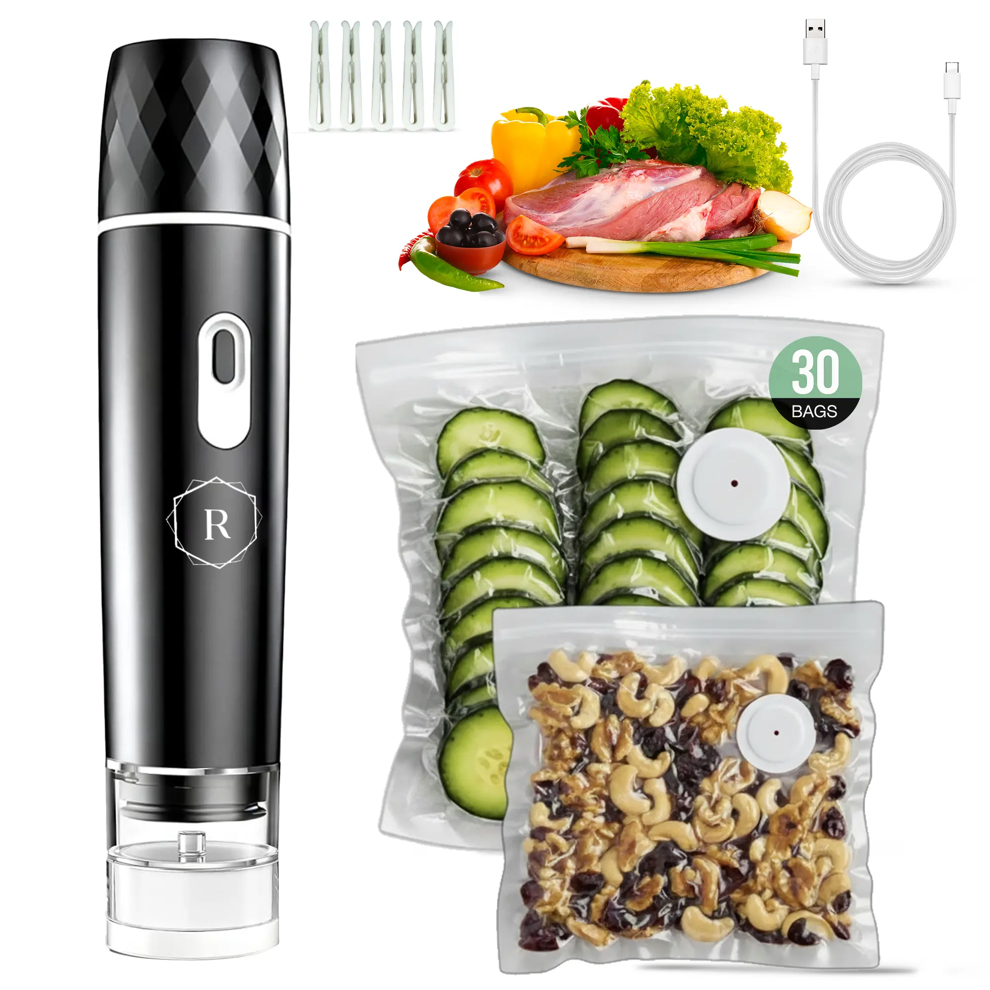 Radiantora Handheld Vacuum Sealer for Food | Keep Food Fresh 10X Longer | Rechargeable Cordless Food Sealer with 30 Reusable Bags & Clips | Portable for Meal Prep, Freezer Storage & Travel