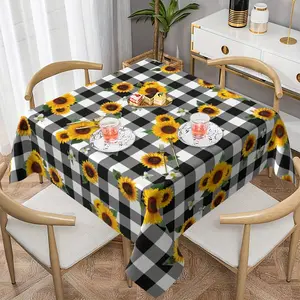 1 round polyester tablecloth - featuring vibrant sunflower flowers and grid farmhouse design, durable and easy to clean decorative table cover, suitable for kitchens, parties, picnics, checkered pattern tablecloth, easy to maintain fabric, Aesthetic