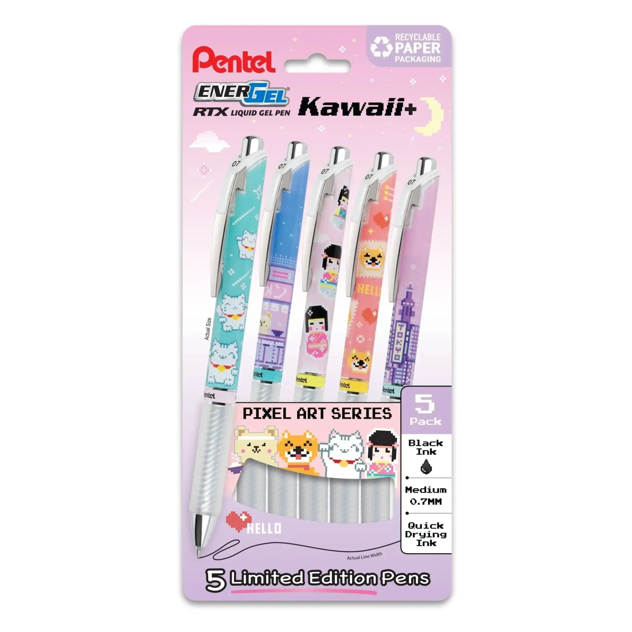 Pentel EnerGel RTX Liquid Gel Pens - Limited Edition Tokyo Kawaii Designs 5-Pack, 0.7mm Bold Writing, Fast-Drying Ink, Recycled Plastic Eco-Friendly, Latex-Free Grip, No Globs, Enhanced Control Office Writing Tool
