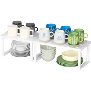 Lifewit Expandable Cabinet Shelf Organizer  Countertop & Pantry Storage Spice Rack, Set of 2, White, Durable Plastic for Kitchen Organization