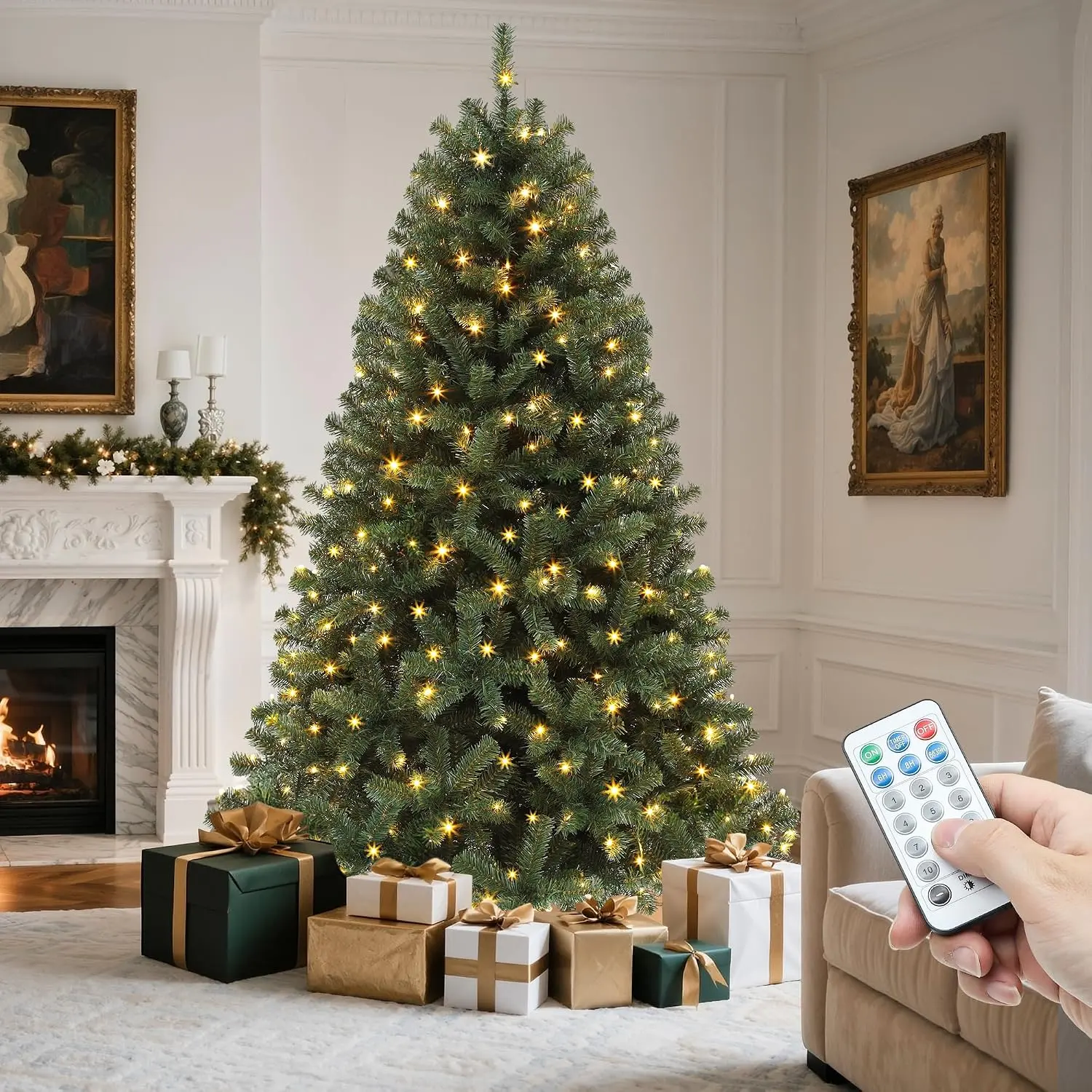 YITAHOME 6/7.5ft Traditional Pre-Lit Hinged Artificial Spruce Christmas Tree, Remote-Controlled Festive Decoration for Home, Office