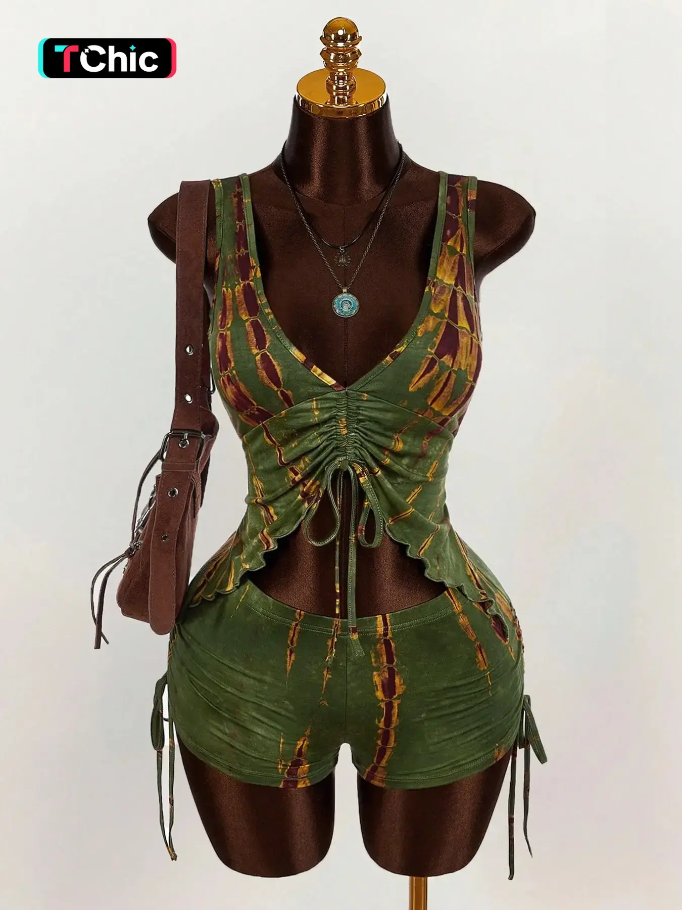 Women's Fashion Style Tie-Dye Two-Piece Set, Ruched Halter Top + Side Tie Shorts, Stylish Summer, Comfortable and Trendy, Summer Knit Set