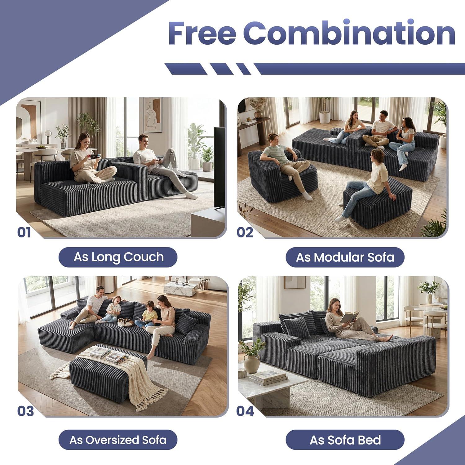 winzoo couch 126" Cloud Sectional Couch for Living Room, Oversized 6 Seat Convertible Modular Sectional Sofa Bed with High Back Ottoman, Plush Corduroy U Shaped Boneless Couch Compression Sofas, Grey