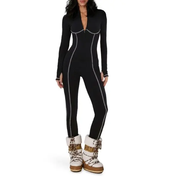 Fisoew Women Half Zip Stand Collar Long Sleeve Jumpsuit Bodycon Piping Seam Ski Suit One Piece Skinny Legging Jumpsuit for Winter Sports