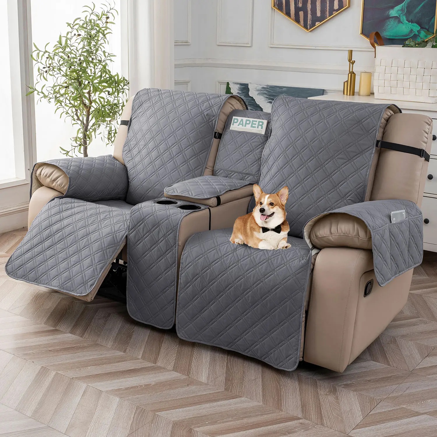 Waterproof Loveseat Recliner Cover with Console & Straps, Pet-Friendly Dual Lounge Chair Protector, Split Couch Covers for Home