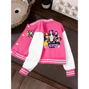 Girls Cropped Jacket with Vibrant K-Pop Fashion Girl Illustration Print, Trendy Spring & Fall Outerwear, Perfect for School, Birthdays & Holiday Gifting