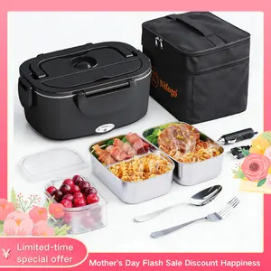 Electric Lunch Box 1.8L for Adults,Food Heater, 12V/24V/110V Portable Lunch Warmer Upgraded Heated Lunch Box for Car/Truck/Office with Fork&Spoon and Insulated Carry Bag