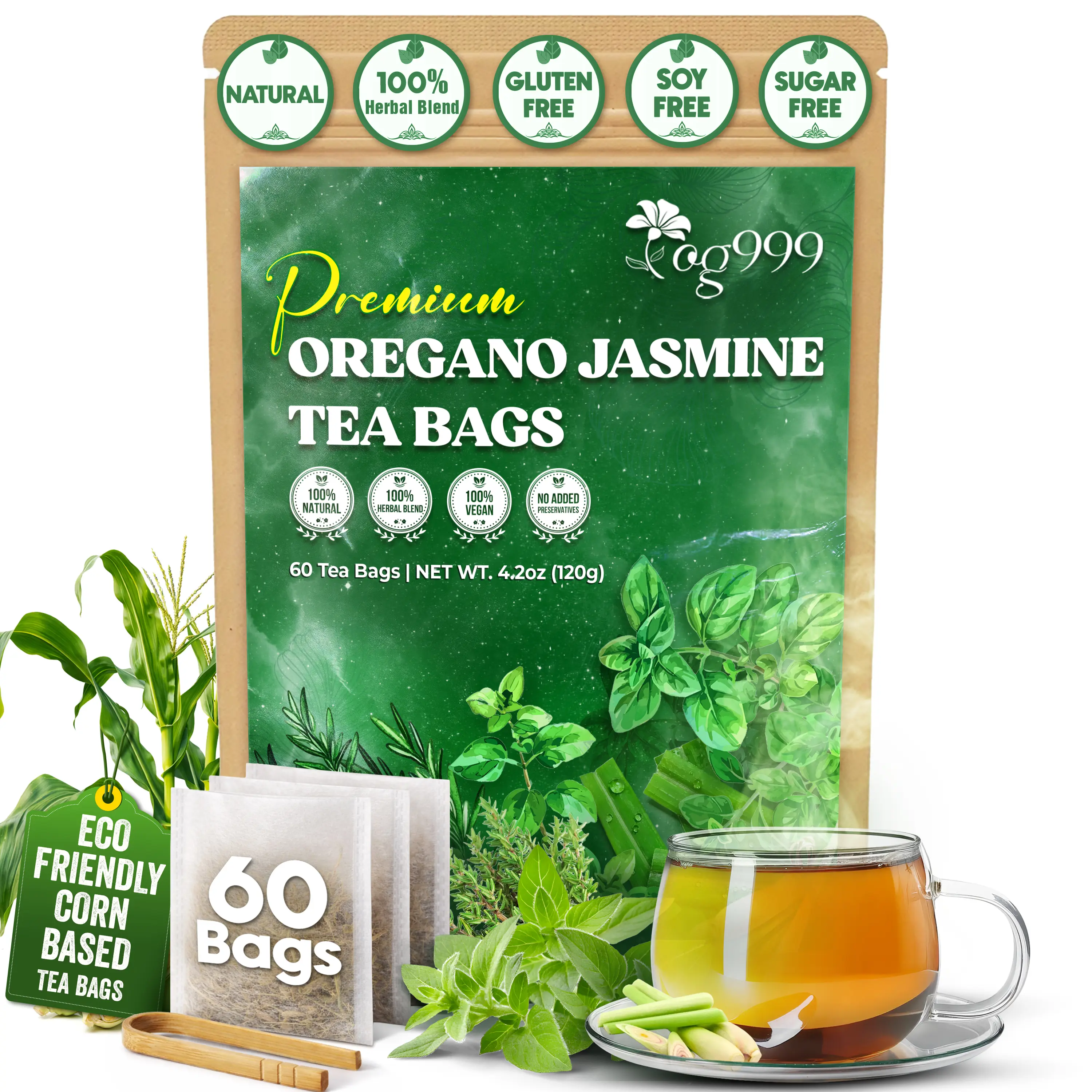 TOG999, Premium Oregano Herbal Tea with Jasmine-Like Notes – 60 Tea Bags | Blend of Oregano, Thyme & Lemongrass | Caffeine-Free, Natural Flavor, Premium Quality Herbal Infusion