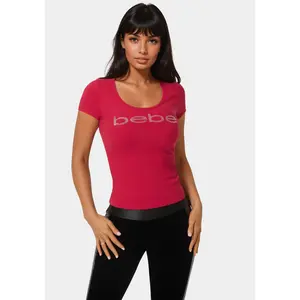Bebe Logo Short Sleeve Round Neck Rib Top