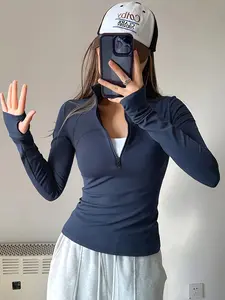 Women's Stand Collar Half-Zip Sporty Sweatshirt, All-Day Comfort Design, Long Sleeve with Thumb Holes, Fall Fashion, Ideal for Sports and Fitness, Athletic Top