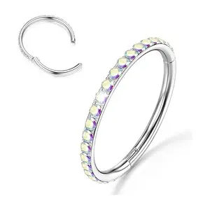 18G CZ Titanium Nose Ring Hinged Clicker Ring Septum Conch Helix Cartilage Piercing Daith Hoop Earrings Jewelry Rainbow Colorful trendy Aurora 8mm