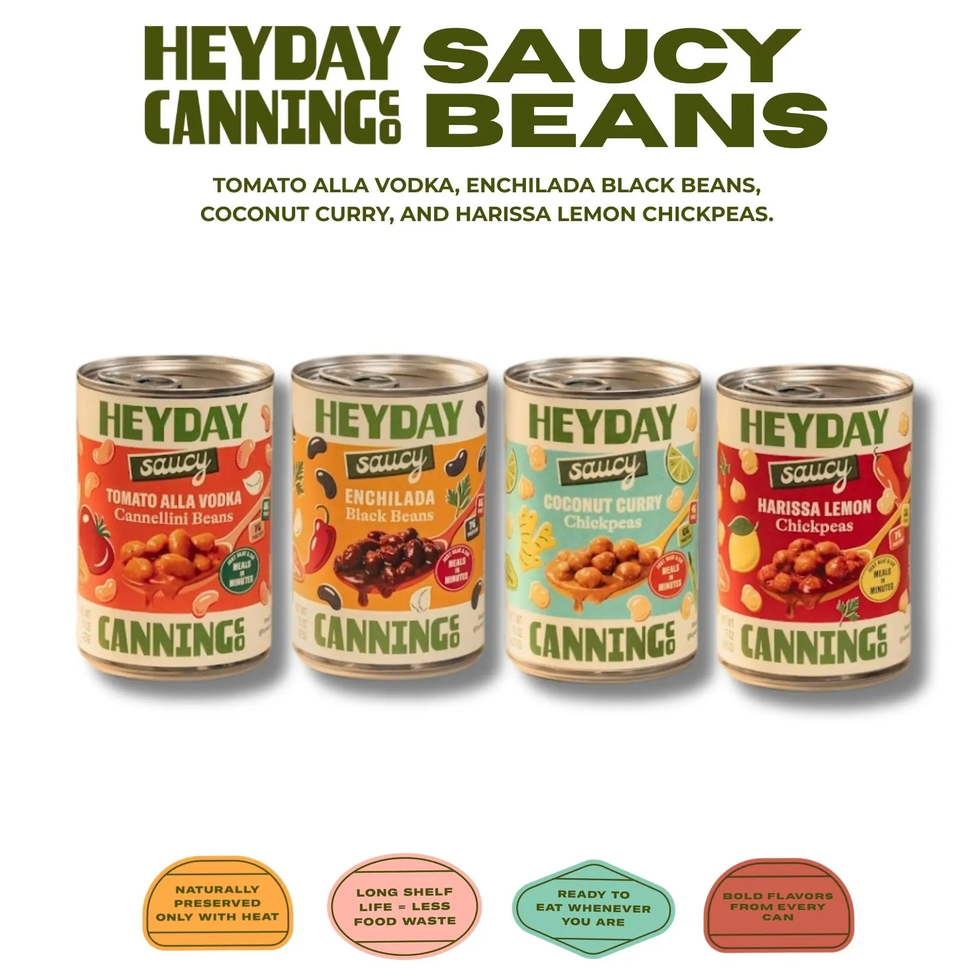 Heyday Saucy Beans Best Sellers 4-Pack - Harissa Lemon Chickpeas, Coconut Curry Chickpeas, Enchilada Black Beans & Tomato Vodka Cannellini Beans