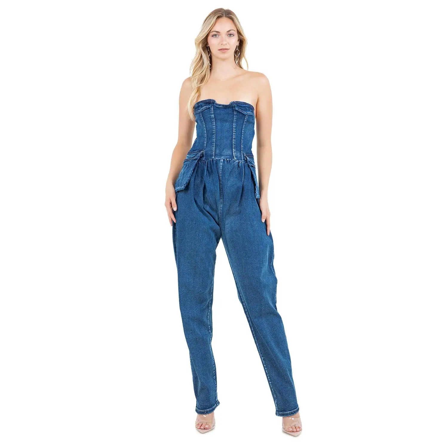 Women's Fashion Denim Overalls Jumpsuit - Strapless, Zipper Closure, Elastic Hip Design, Lady