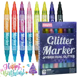 16 Colors Dual Tip Glitter Markers, Glitter Metallic Shimmer Marker Set of 8, Acrylic Paint Pens for Rock Painting, Black Paper, Wood, Canvas, Stone, Glass, Ceramic, DIY Crafts Making