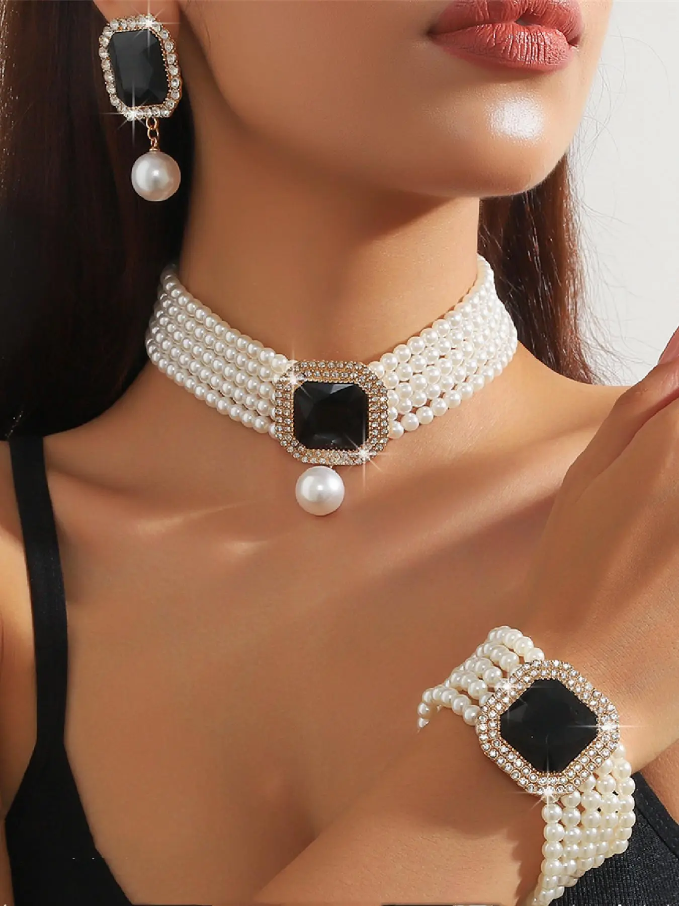 Women's Elegant Choker & Earrings & Bracelet, Exquisite Trendy Artificial Crystal & Faux Pearl Decor Jewelry Set, Fashionable Accessories for Parties & Daily Wear