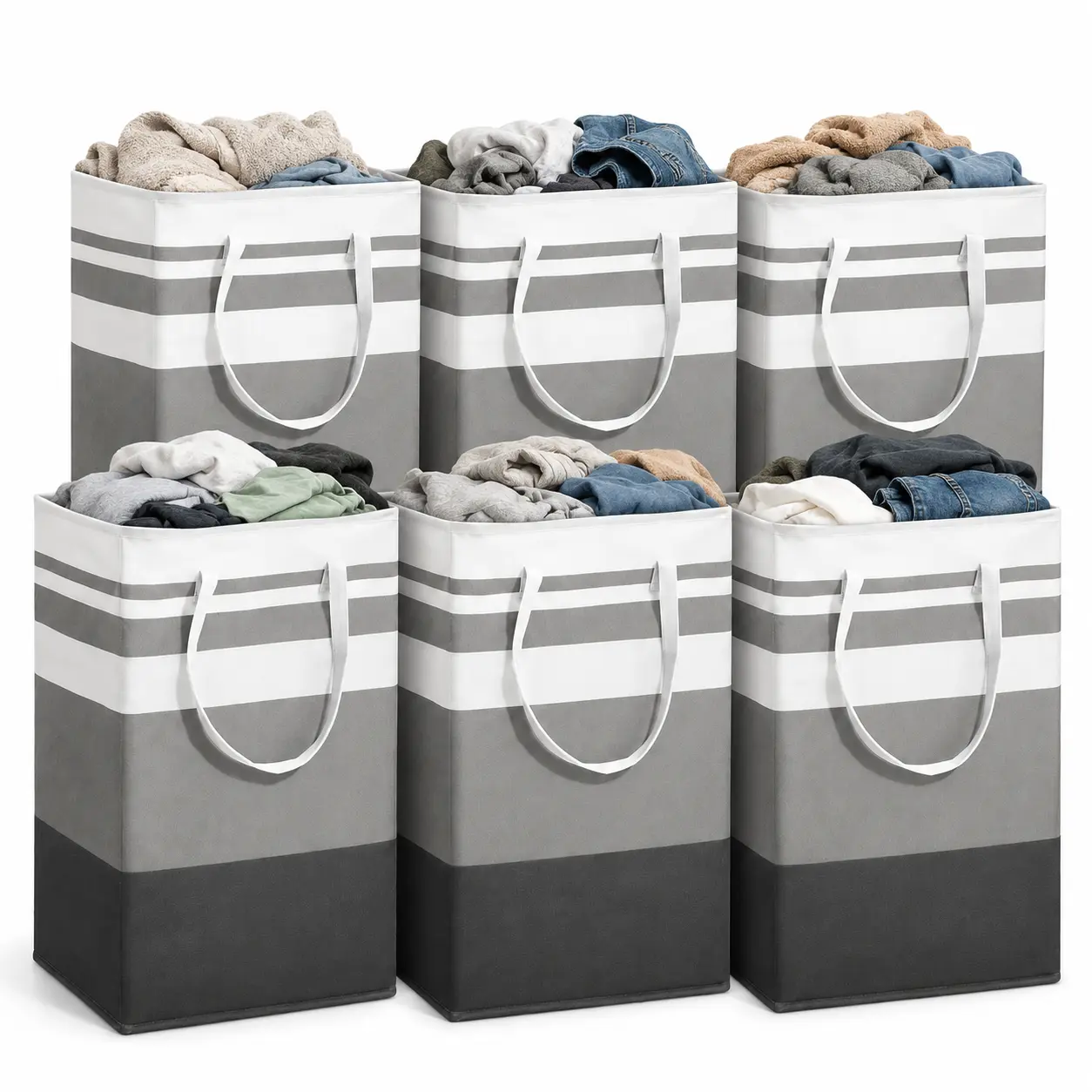 6 Pack Laundry Hamper Freestanding, Large Laundry Basket, 75 L Collapsible Tall Clothes Hamper with Easy Carry Handles for Clothes, Towels in the Family and Dorm, Gradient Grey
