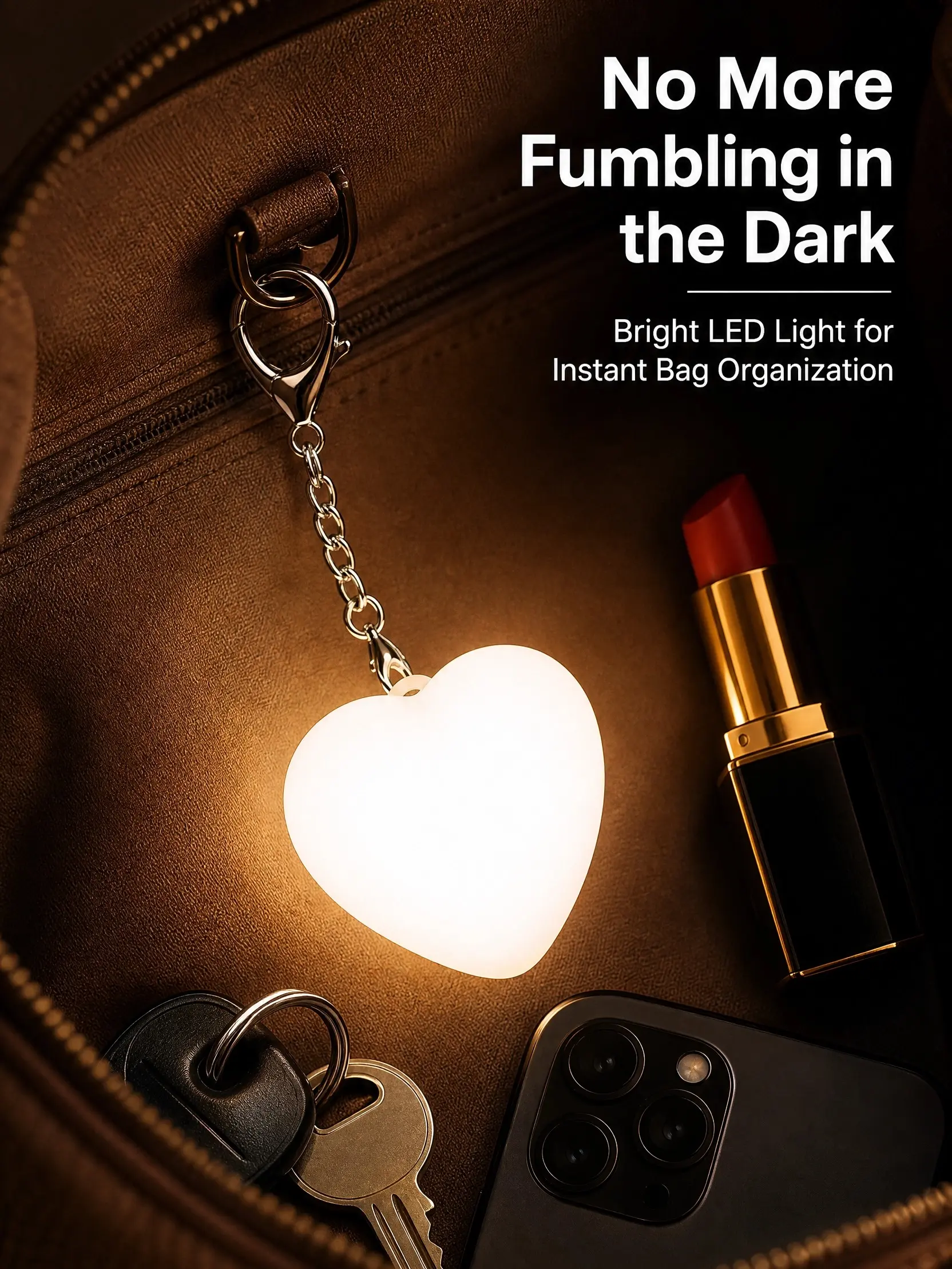 Heart Shape Motion Sensor Purse Light, USB Rechargeable Handbag Light for Women, Portable LED Bag Finder Light Led Accessories Usb Powered Led