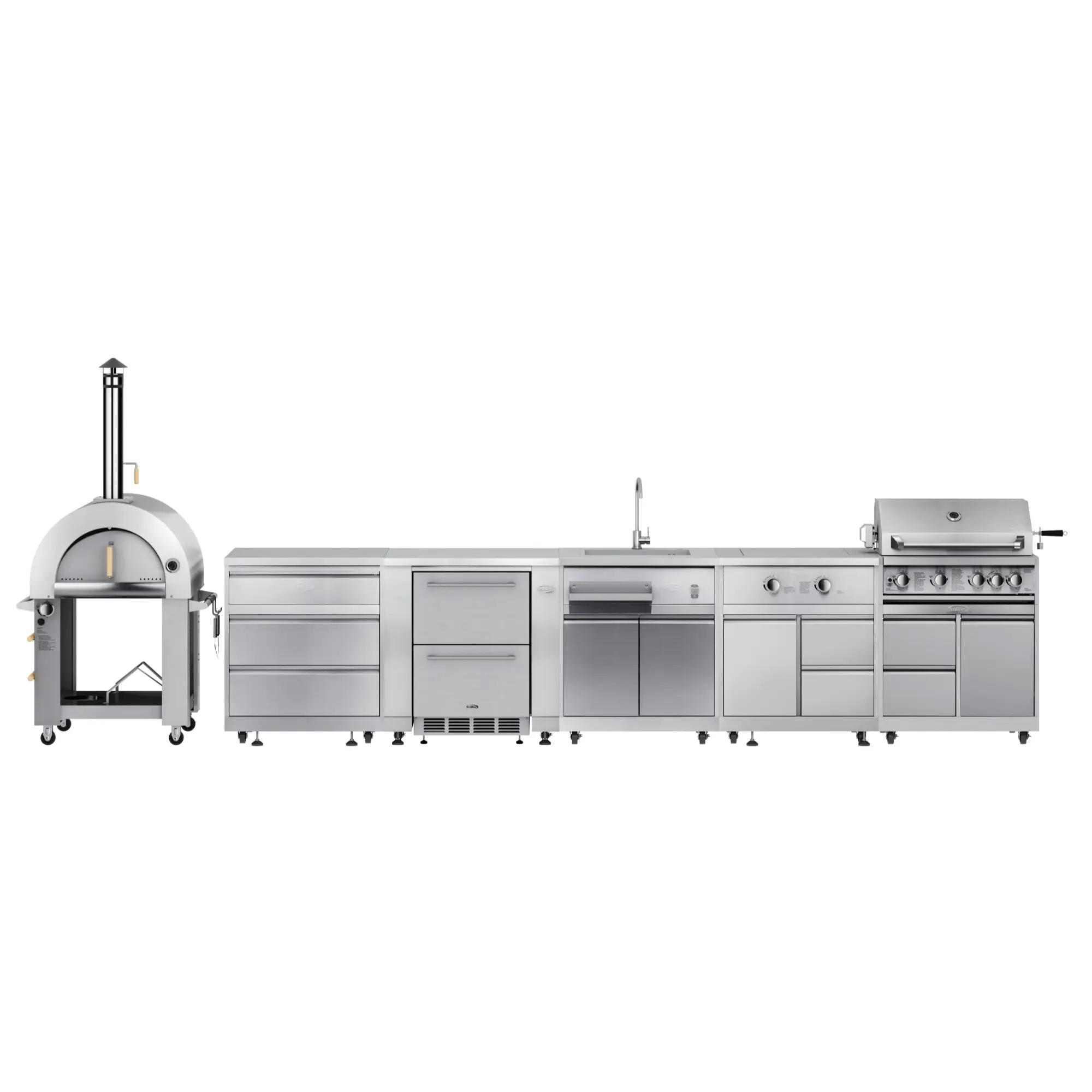 KoolMore Outdoor Kitchen Series Modular Kitchen with a Dual Fuel Pizza Oven, 3 Drawer Cabinet, Refrigerator and Cabinet, Sink, Side Burner and 30 in. BBQ Grill with Cabinet in Stainless-Steel (KM-OKSKIT-CONFIG109)