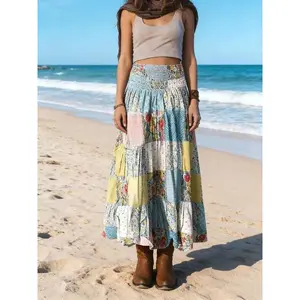 Women’s puzzle-print long skirt with a shirt-style waist, suitable for casual seasonal wear and ideal for favorite beach vacations. — Easter GARMENTARY