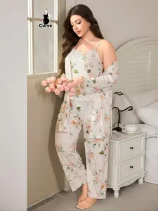 【Plus Size】 Floral Print Cami Top & Pants & Open Front Outwear Pyjama Set, Plus Casual Comfy Sleepwear for Women, Women's Plus Sleepwear for All Seasons