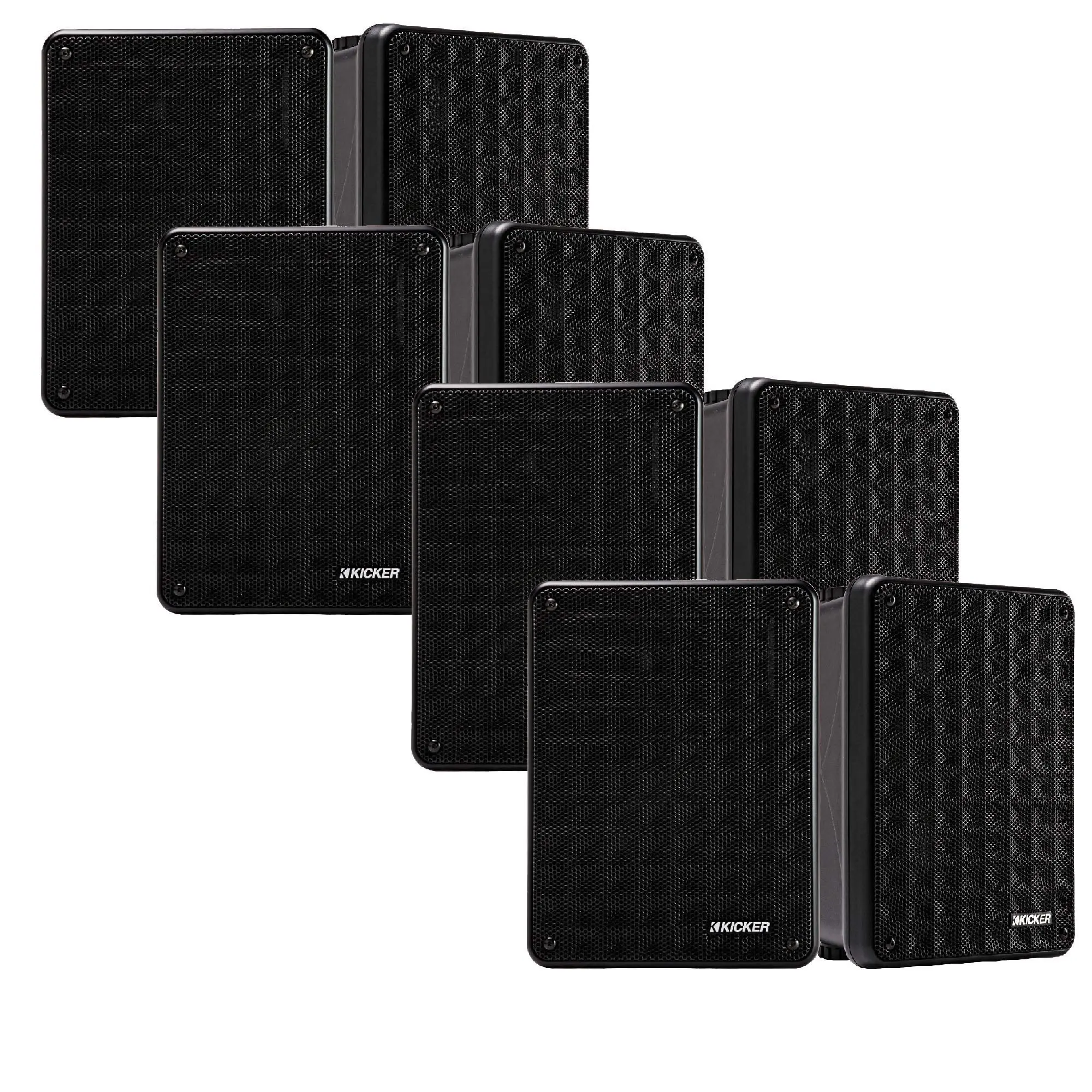 KICKER 46KB6B Weatherproof Stereo Loudspeaker System - Black, 2-Way, 8-Ohm Load, High-Efficiency, Indoor-Outdoor Patio Bass Speakers Bundle with Universal Wall Mounted Bracket (8 Total Speakers for Music Setup), Weatherproof Loudspeaker System